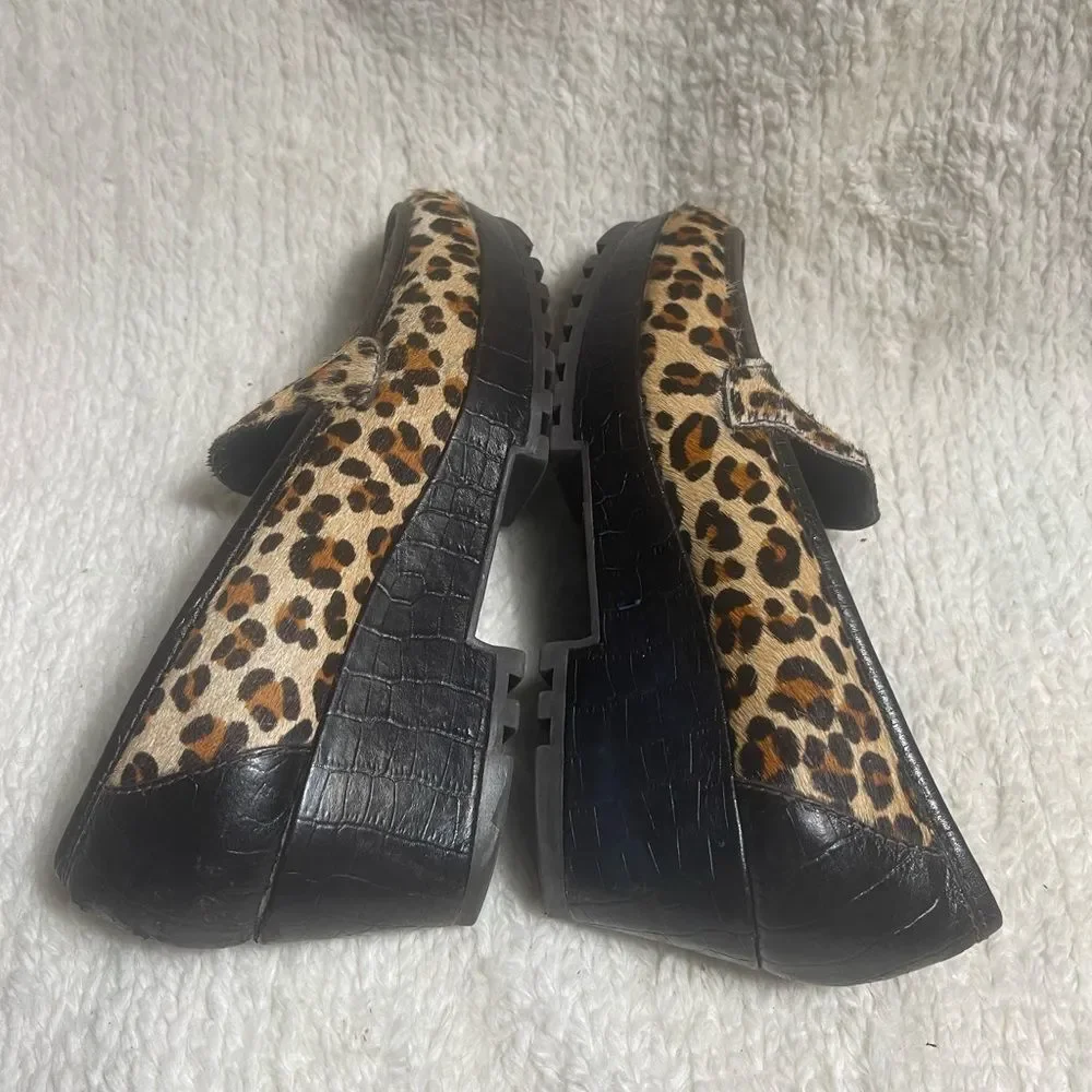 Donald J Pliner leather calf hair leopard Print Platform Slip-On Shoes SZ8.5M